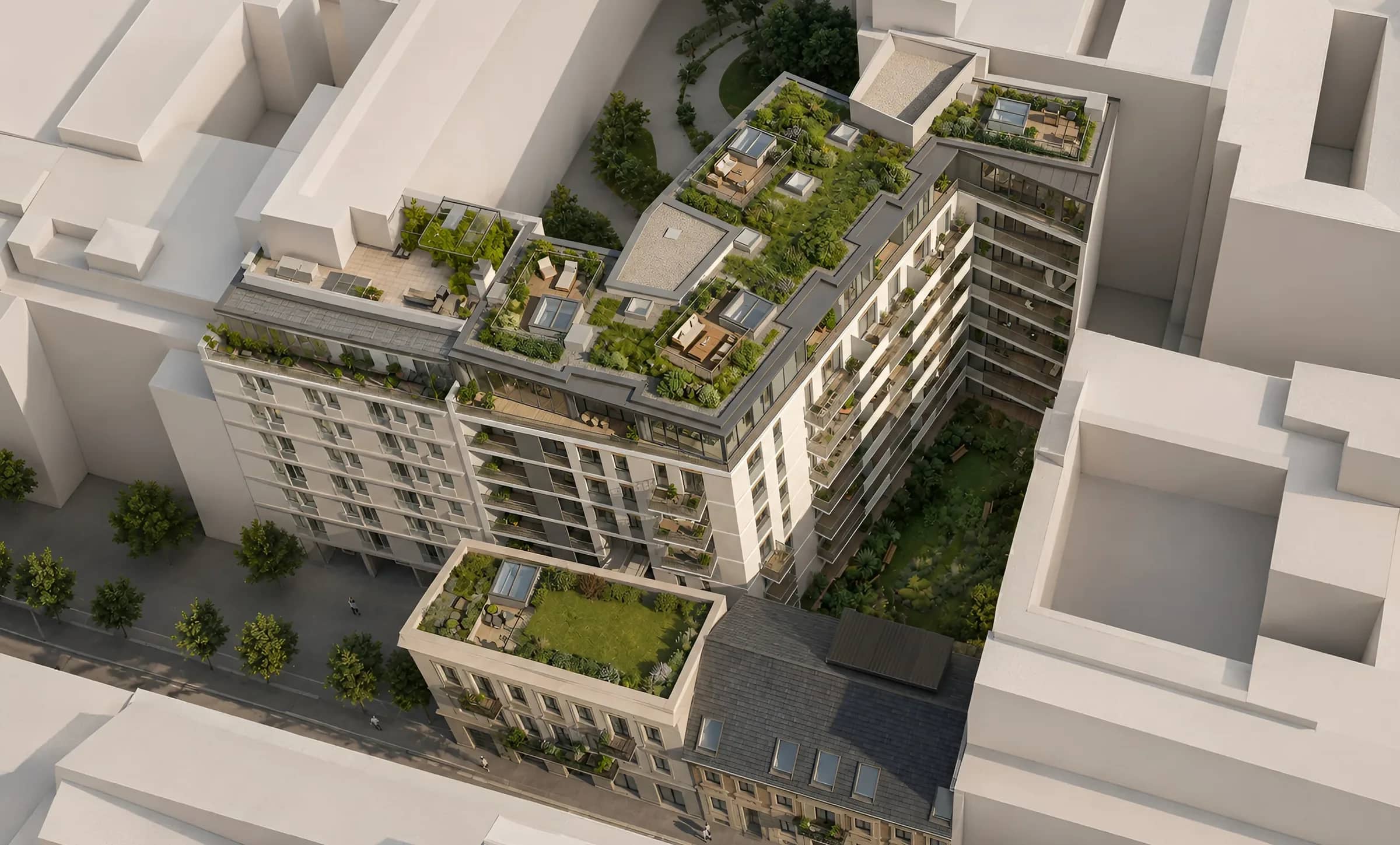 A YARA Residence légifelvételen, tetőkertekkel